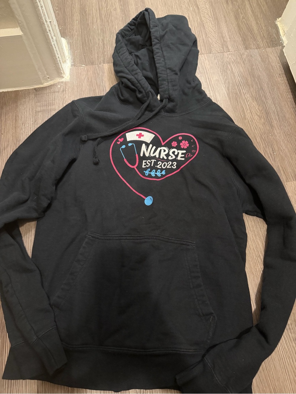 Nurse EST.2023 Heart Stethoscope Hoodie - Black with Pink & Blue- small